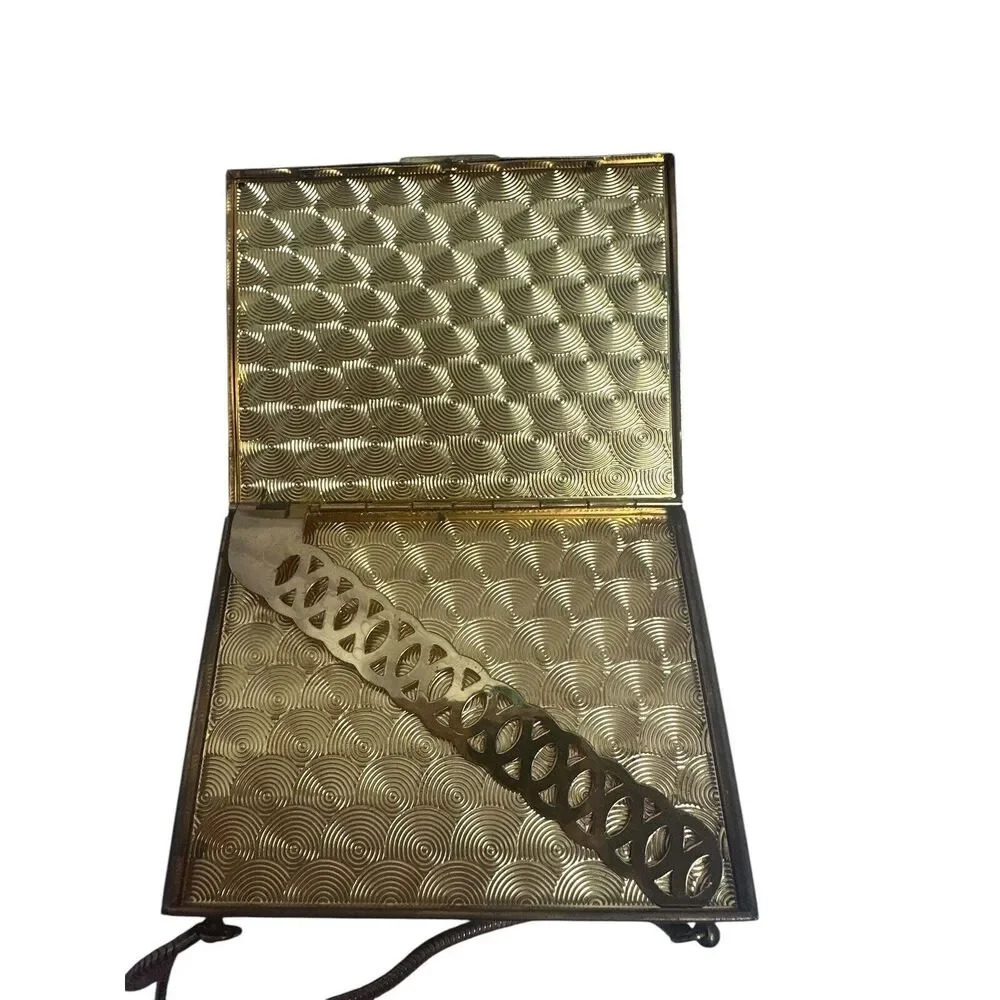 1950’s Double Sided Evan’s Metal Cosmetic Compact Gold tone Clutch With Handle - Picture 4 of 15